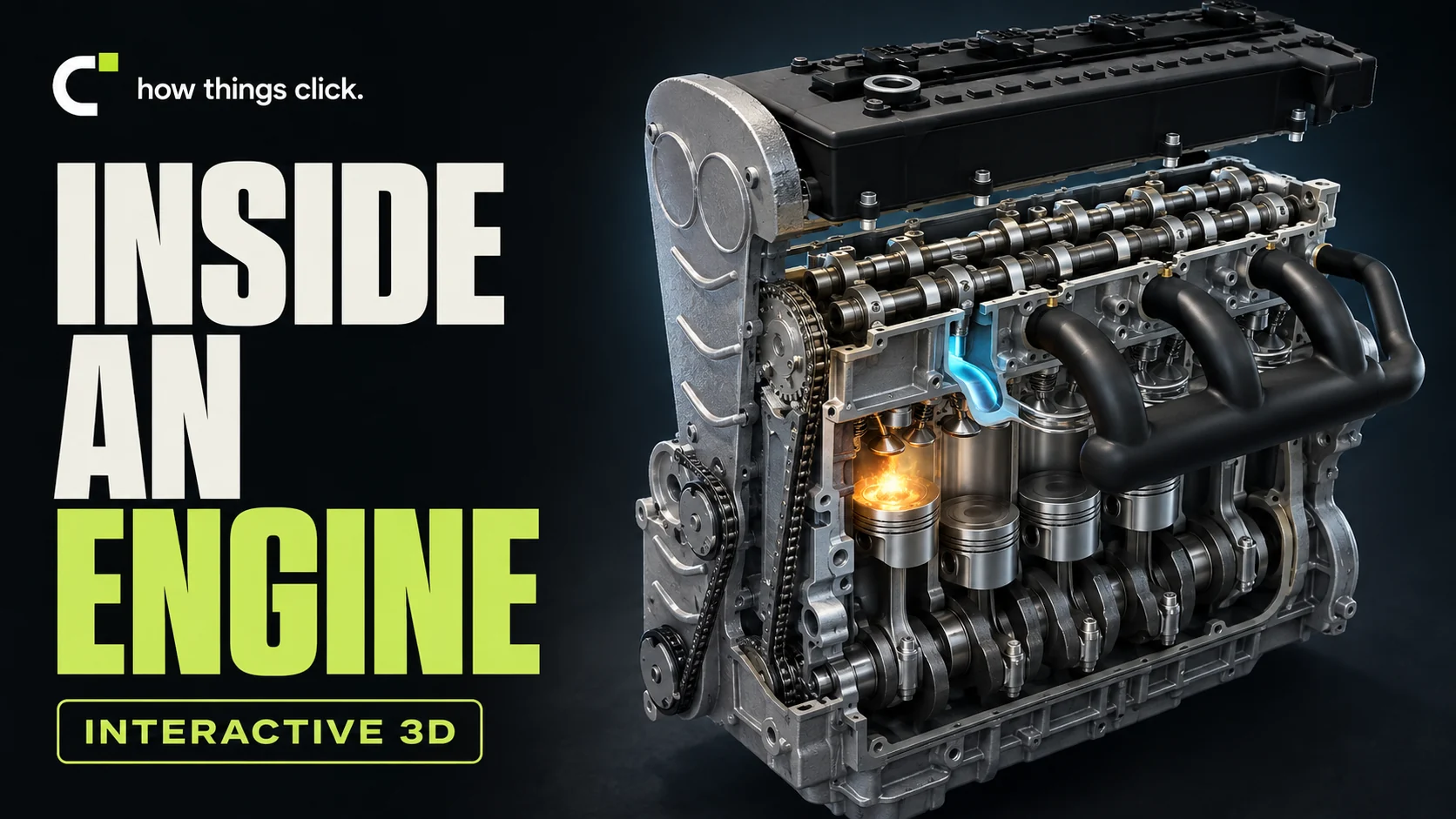 Inside an engine: a detailed cutaway with glowing combustion and moving pistons — interactive 3D.