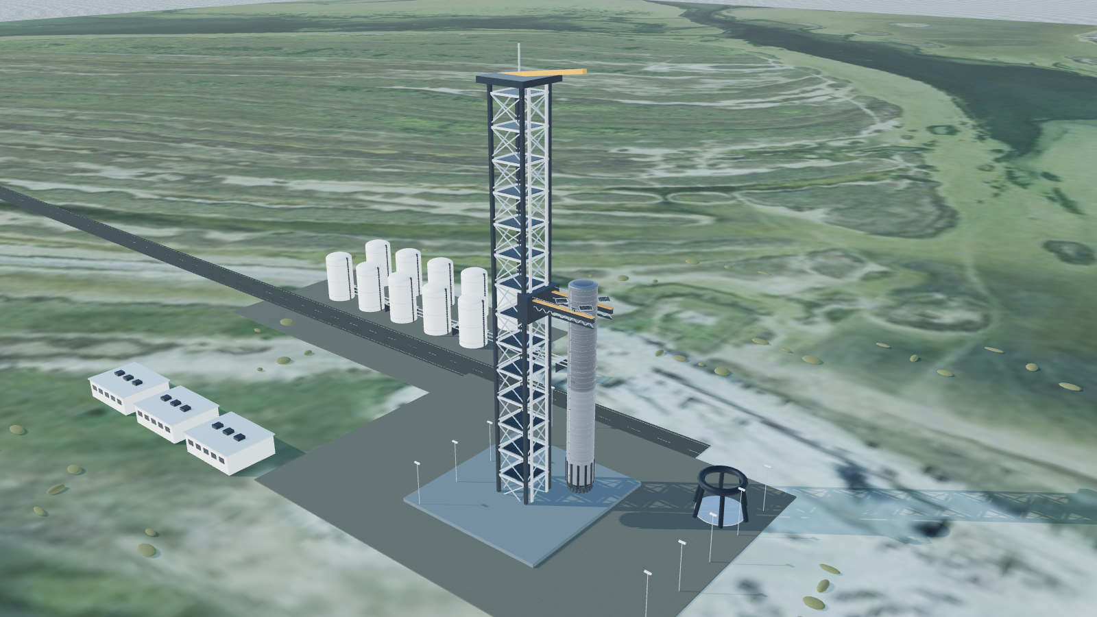 Super Heavy at a detailed catch tower above the Boca Chica coastline.